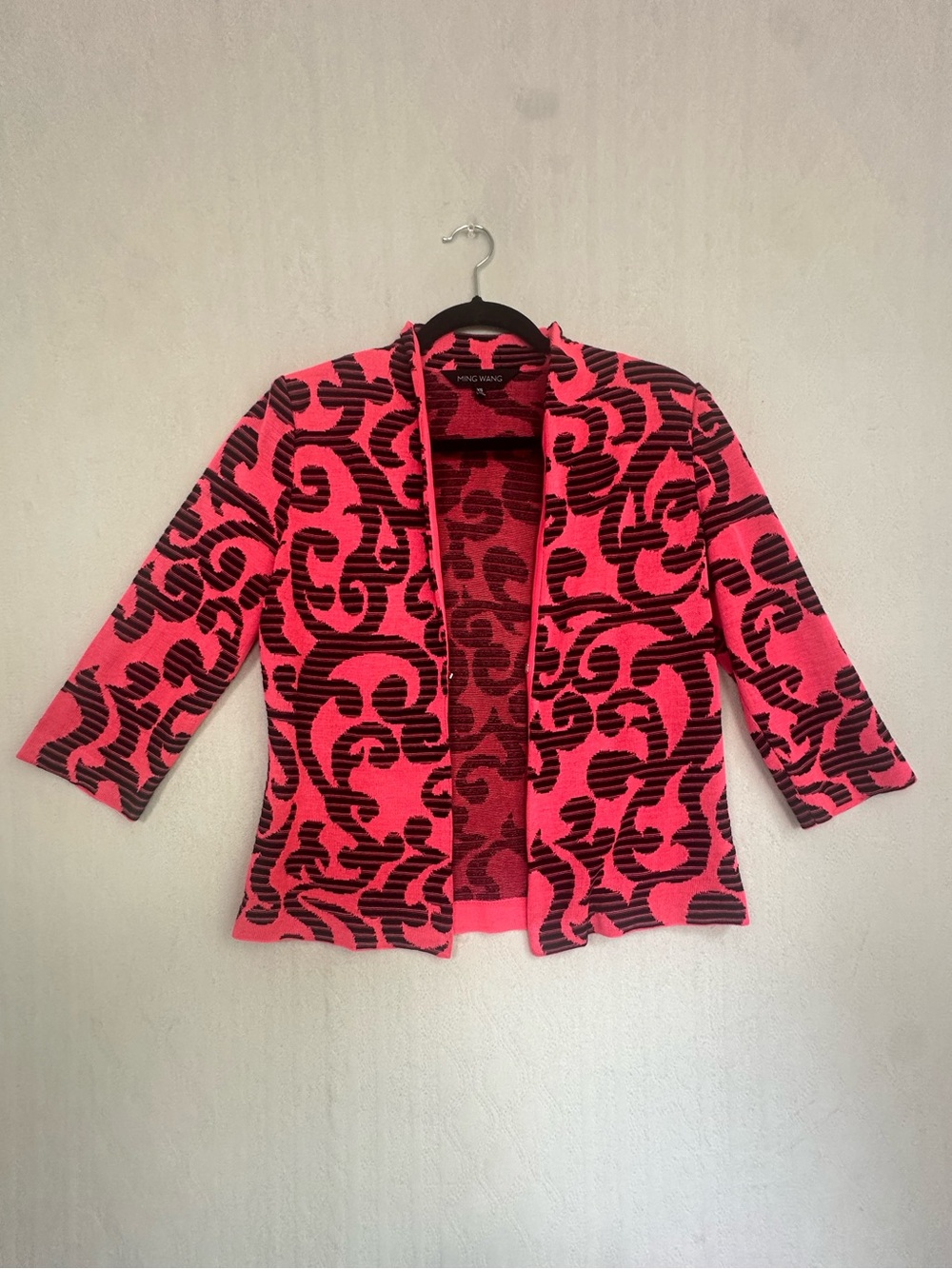 Ming Wang Pink & Black Printed Open Front Knit Blazer Cardigan Jacket Sz XS